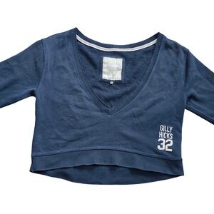 GILLY HICKS Navy Blue Cropped V Neck Sweatshirt Sz M Y2K streetwear sporty clean